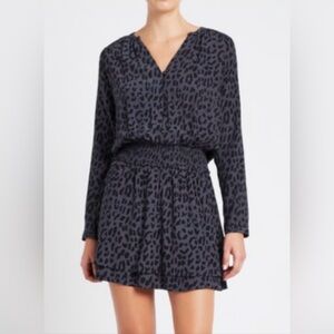NWT Rails Jasmine Smocked Azure Leopard Mini-Dress Navy/Gray Size Large